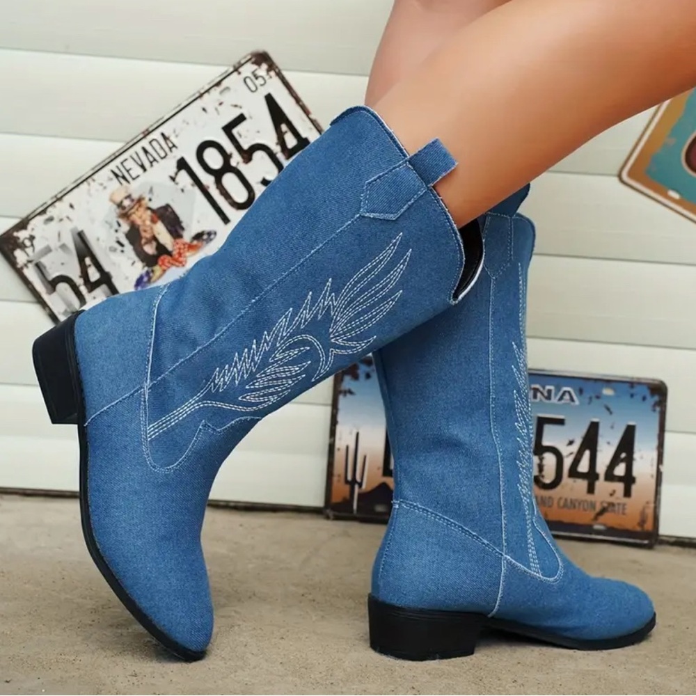 Blue Heeled Boots with Western Flair “Denim”